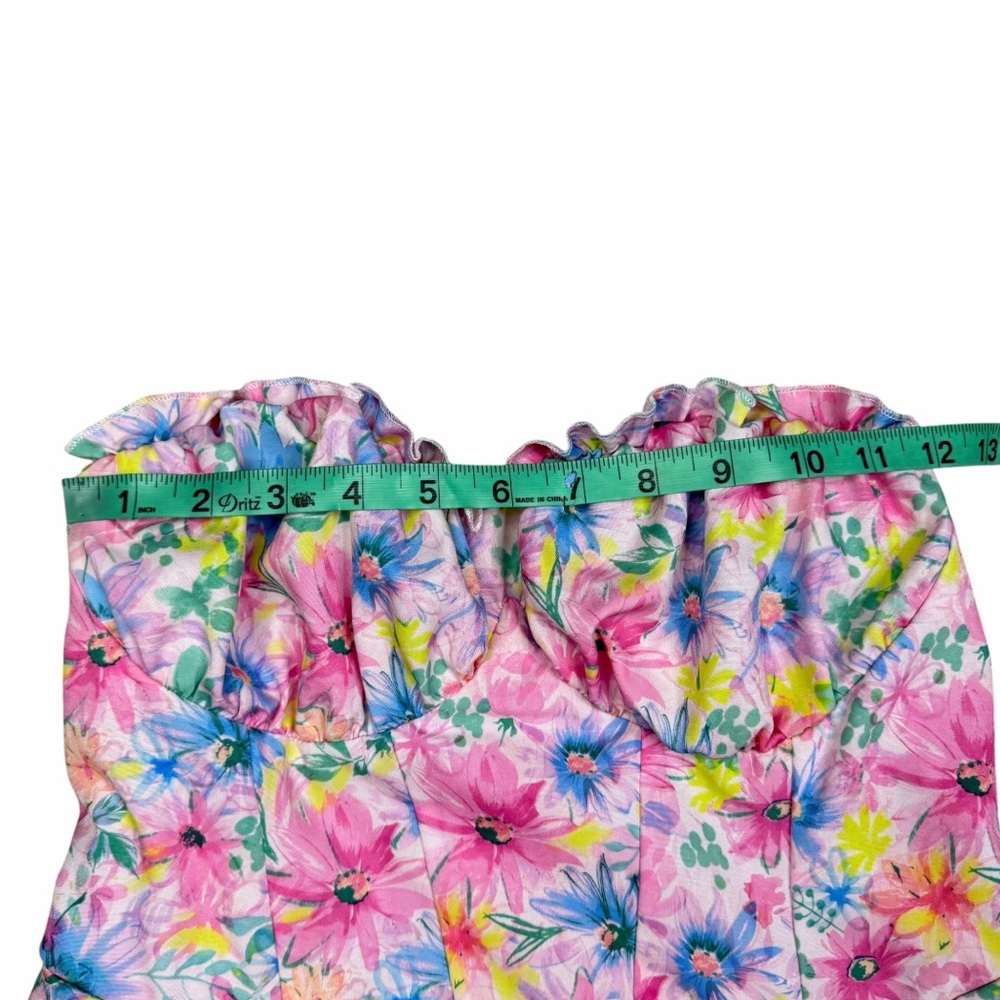 SHEIN Soleia White Multicolor Floral Ruffle Sweetheart Strapless Mini Dress - M - Picture 14 of 16